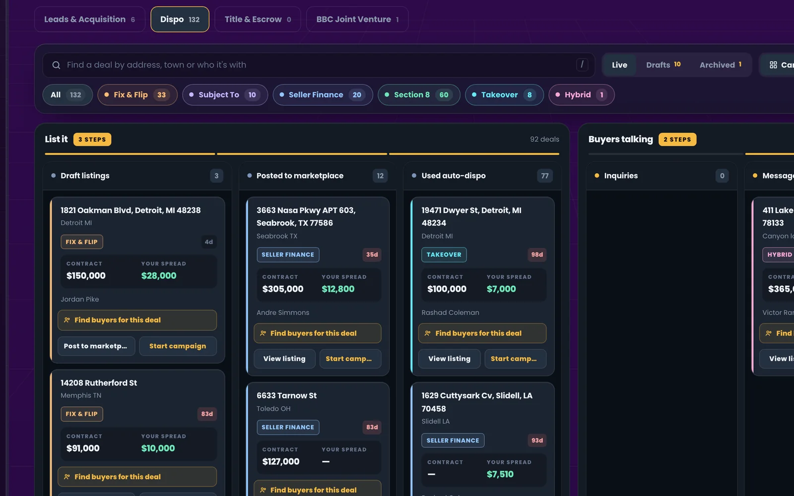 The dispo board: draft listings, posted to marketplace, used campaigns, with contract price and spread on every deal