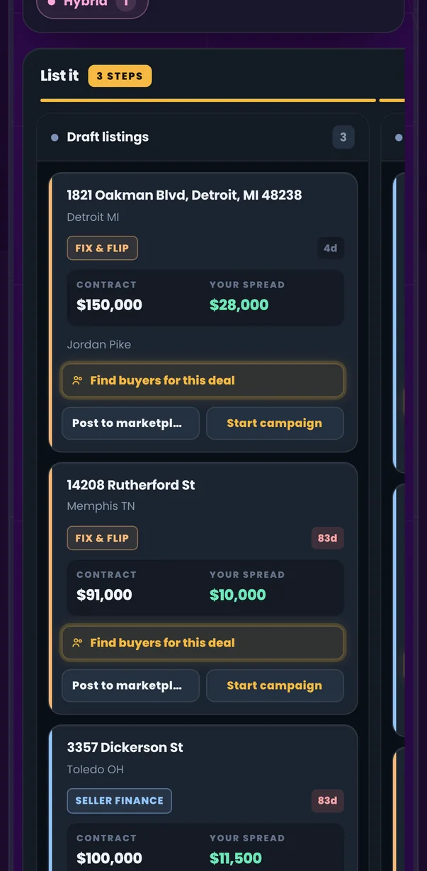 The dispo board on a phone: draft listings with contract price and spread